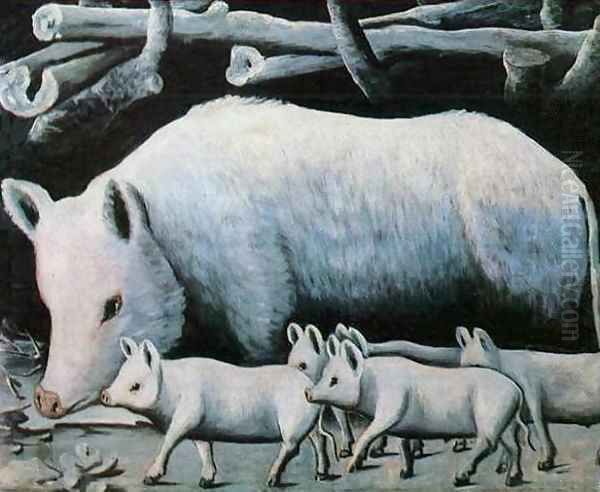 Sow with Piglets Oil Painting by Niko Pirosmanashvili