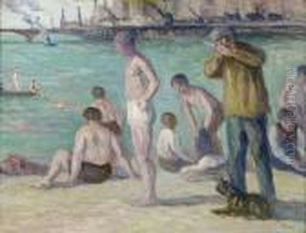 La Baignade A Rolleboise Oil Painting by Maximilien Luce