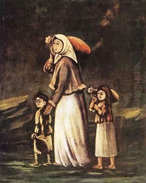 Peasant Woman with Children Goes for Water Oil Painting by Niko Pirosmanashvili