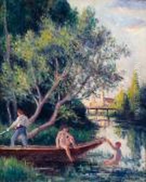 Baignade En Barque A Rolleboise Oil Painting by Maximilien Luce