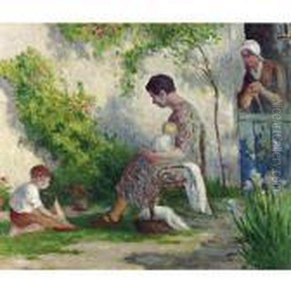 Rolleboise: Madame Bouin Et Ses Enfants Oil Painting by Maximilien Luce