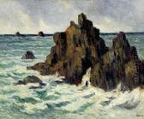 Rochers Dans La Mer De Kermouster, Vers 1913-1914 Oil Painting by Maximilien Luce