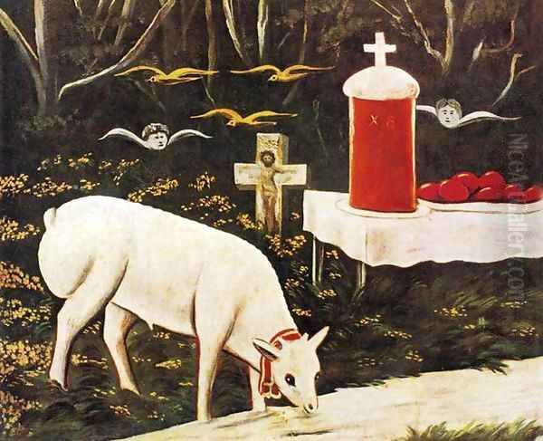 Lamb and Easter Table with Flying Angels Oil Painting by Niko Pirosmanashvili