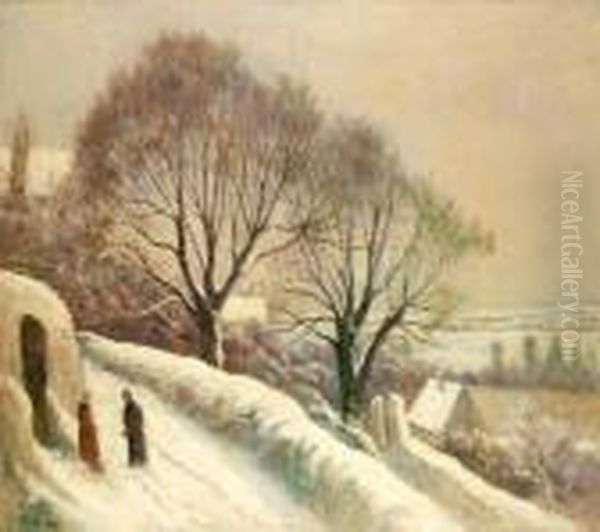 La Route De L'eglise Sous La Neige, Rolleboise Oil Painting by Maximilien Luce