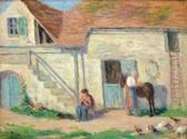 Cour De Ferme A Rolleboise Oil Painting by Maximilien Luce