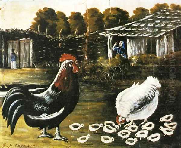 Rooster and Hen with Chickens Oil Painting by Niko Pirosmanashvili