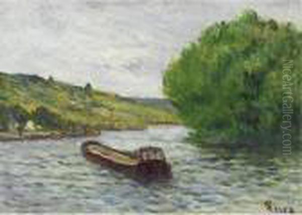 Rolleboise, Peniche Sur La Seine Oil Painting by Maximilien Luce