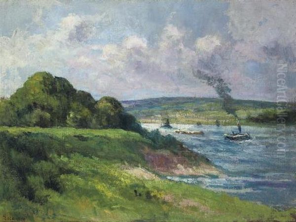 Rolleboise, Scene De Riviere Oil Painting by Maximilien Luce