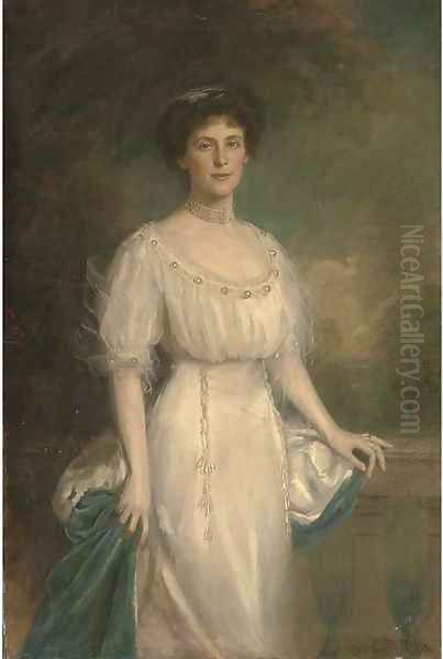 Portrait of a lady, three-quarter-length, in a white dress and ermin trimmed cloak Oil Painting by Edward Patry