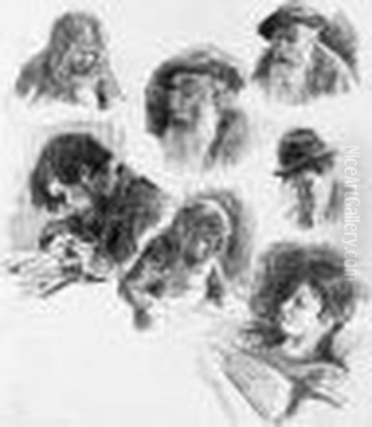 [planche Aux Sept Croquis - 
Portraits De Pissarro, Graveur Au Travail, Enfants?]. Vers 1900. Oil Painting by Maximilien Luce