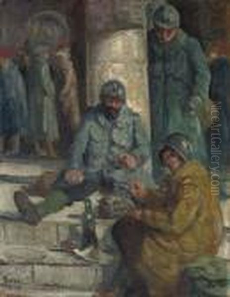 Soldats A La Gare Oil Painting by Maximilien Luce