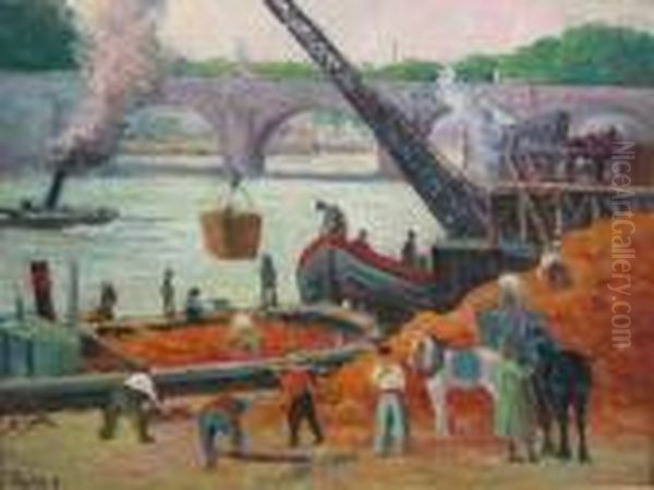 Les Travaux En Bord De Seine Oil Painting by Maximilien Luce