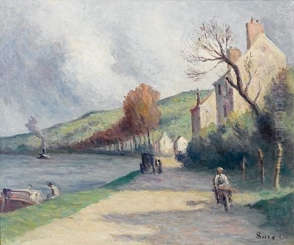 Rolleboise, La Route En Bords De Seine Oil Painting by Maximilien Luce