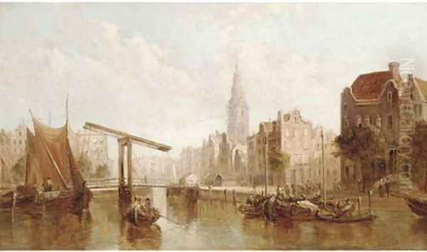 A view of the Zuiderkerk from the Groenburgwal canal, Amsterdam Oil Painting by Alfred Pollentine