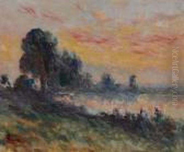 Coucher De Soleil Sur L'etang, Circa 1935 Oil Painting by Maximilien Luce