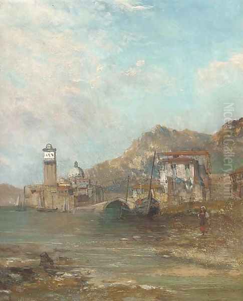 Figure and boats at a harbour mouth with a church beyond Oil Painting by Alfred Pollentine