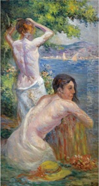 Saint Tropez, Deux Femmes Devant Le Golfe Oil Painting by Maximilien Luce