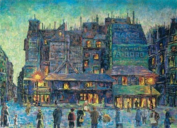 Paris, Rue Animee Le Soir Oil Painting by Maximilien Luce