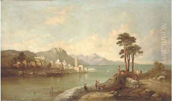 Figures before an italianate lake Oil Painting by Alfred Pollentine