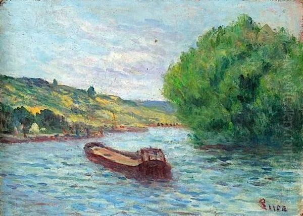 Rolleboise, Peniche Sur La Seine, Circa 1930 Oil Painting by Maximilien Luce