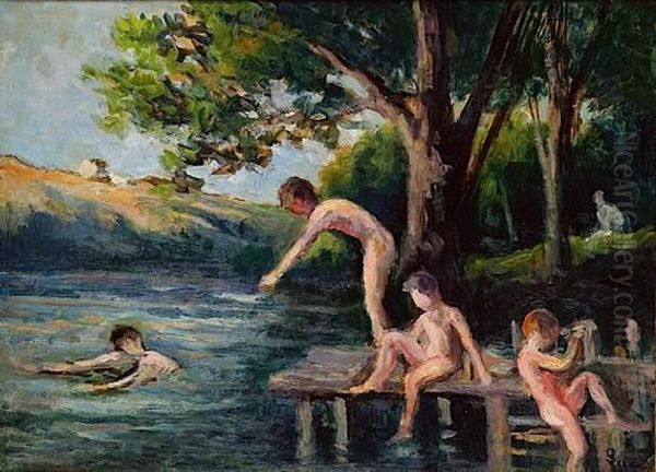 Rolleboise, La Baignade Des Enfants, Circa 1935 Oil Painting by Maximilien Luce