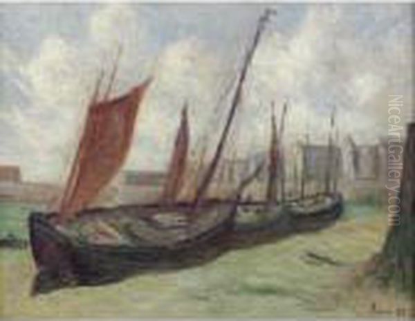 Le Treport Barques De Peche Echouees Sur La Plage Oil Painting by Maximilien Luce