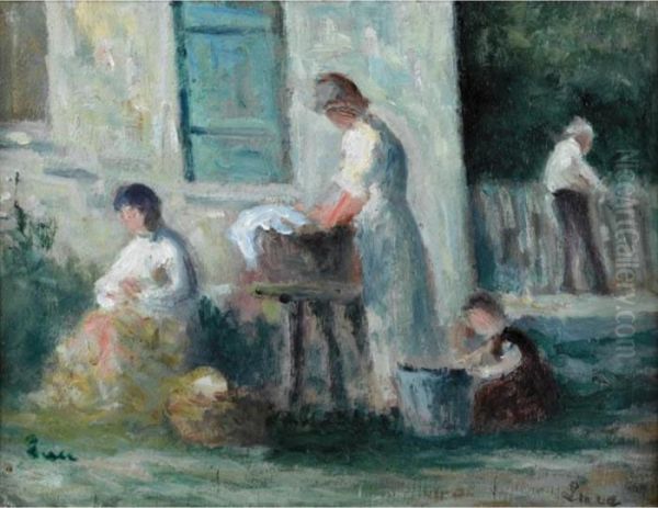 Rolleboise La Famille Au Jardin Oil Painting by Maximilien Luce