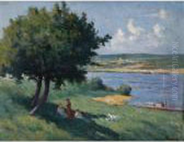 Les Gardiens De Chevres Au Bord De La Seine Oil Painting by Maximilien Luce