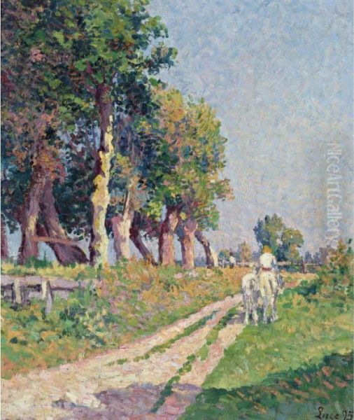 Eragny, Chevaux Sur Le Chemin Ensoleille Oil Painting by Maximilien Luce