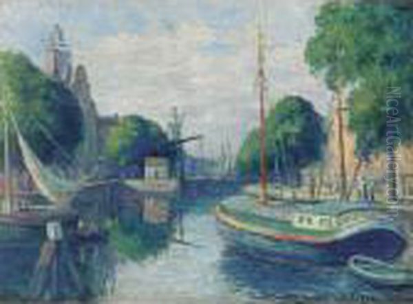 Peniches Sur Le Canal A Rotterdam Oil Painting by Maximilien Luce