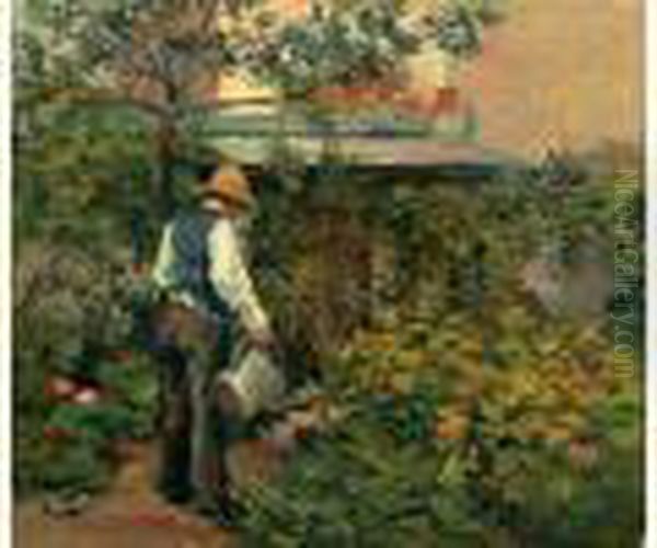 Le Pere Bail Dans Son Jardin A Bois-le-roi, En 1881 Oil Painting by Maximilien Luce