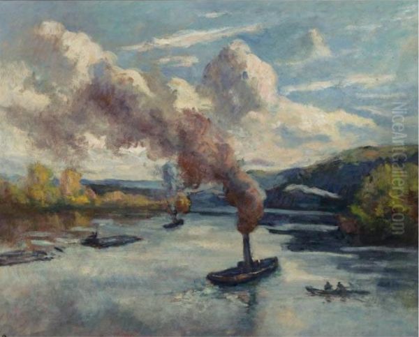 Peniches Et Remorqueurs Sur La Seine Oil Painting by Maximilien Luce