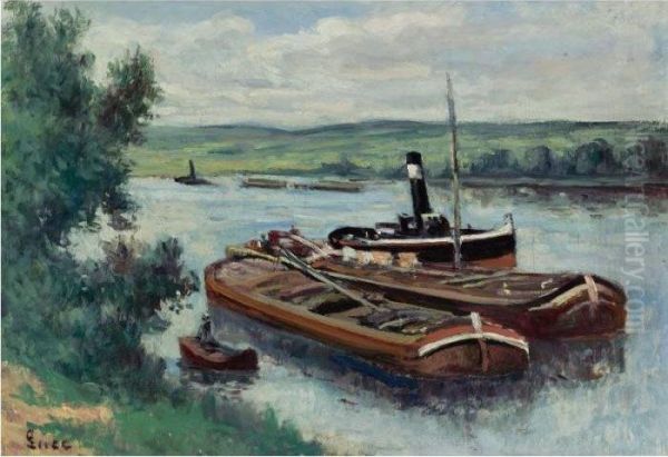 Vapeur Et Peniches Sur La Seine A Mericourt Oil Painting by Maximilien Luce