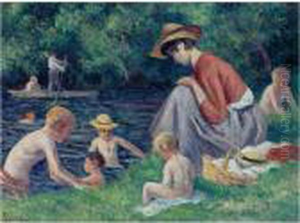 La Baignade Dans La Cure Oil Painting by Maximilien Luce