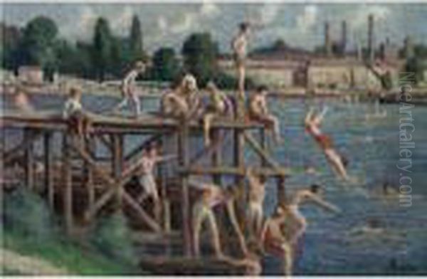 La Baignade Oil Painting by Maximilien Luce