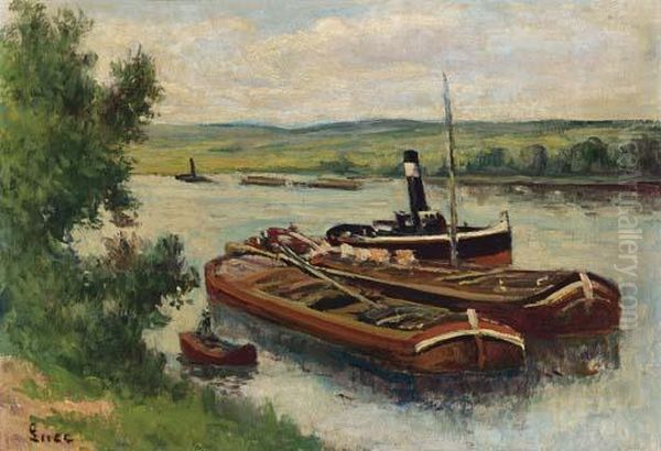 Vapeur Et Peniches A Mericourt Oil Painting by Maximilien Luce