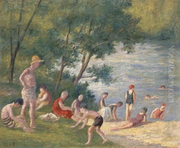 La Baignade A Mericourt Oil Painting by Maximilien Luce