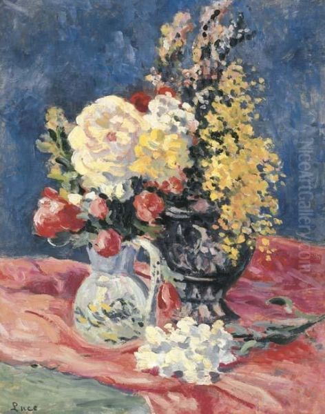 Nature Morte Avec Deux Vases Des Fleurs Oil Painting by Maximilien Luce