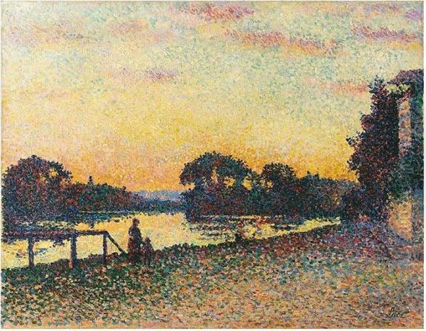 Bords De Seine A Herblay, Coucher De Soleil Oil Painting by Maximilien Luce