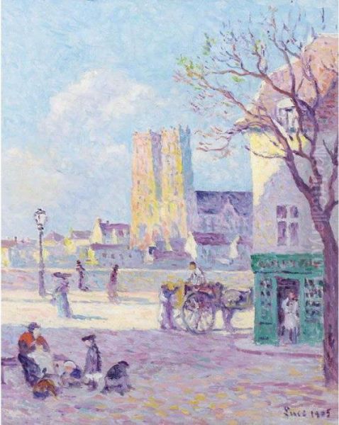 Cathedrale Sainte Croix, Rue De La Place De La Bascule A Orleans Oil Painting by Maximilien Luce