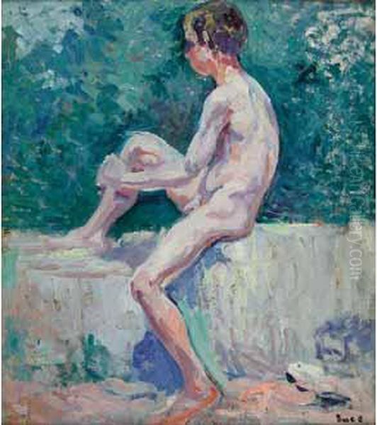 Jeune Baigneur Au Muret, Vers 1906 Oil Painting by Maximilien Luce