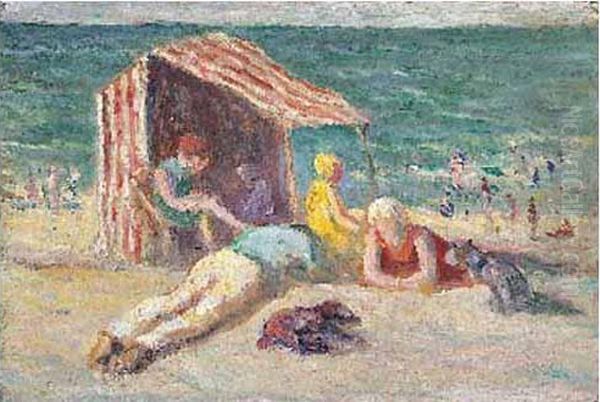 Cabine Sur La Plage Du Treport Oil Painting by Maximilien Luce