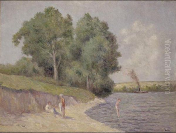 Bateau A Vapeur Sur La Seine Et Baigneurs Au Bord De L'eau Oil Painting by Maximilien Luce