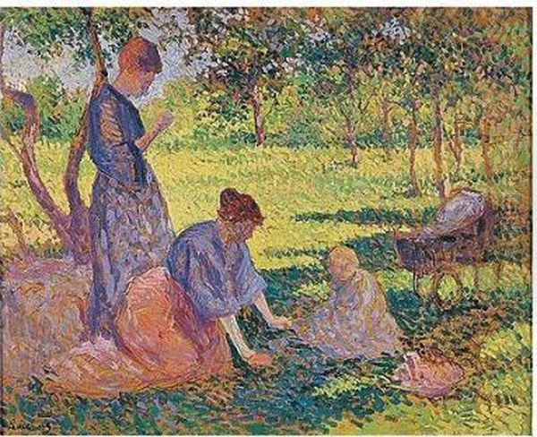 Poissy, Femmes Dans Un Jardin Oil Painting by Maximilien Luce