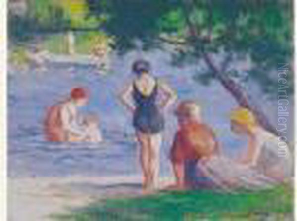 Baignade A Mericourt Oil Painting by Maximilien Luce