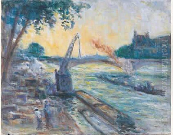 Paris, Peniches A Quai Devant Le Louvre
 Huile Sur Carton Toile Oil Painting by Maximilien Luce