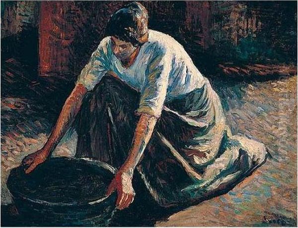 Femme Avec Un Baquet D'eau (etude Pour 'le Bain De Frederic') Oil Painting by Maximilien Luce