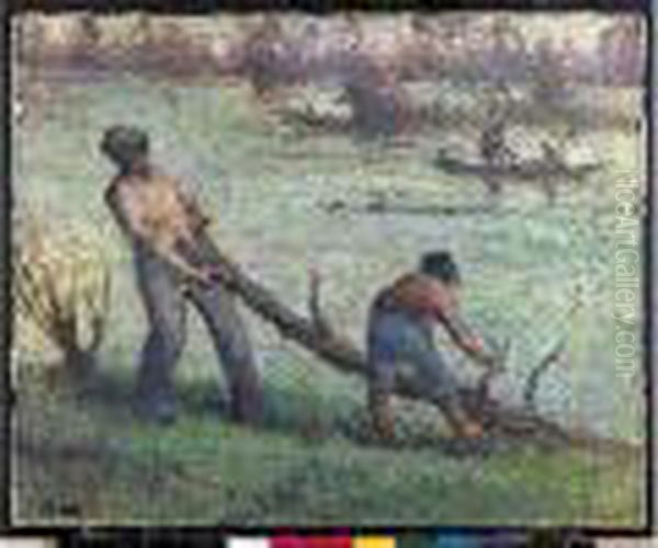 Personnages Tirant Un Arbre De La Riviere Oil Painting by Maximilien Luce