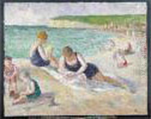 Personnages Sur La Plage Oil Painting by Maximilien Luce