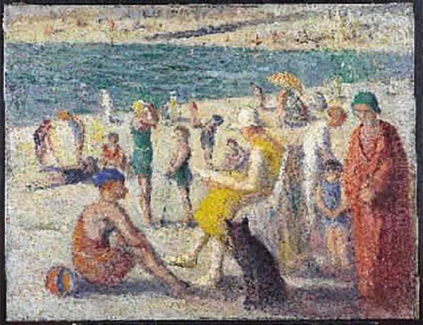 Personnages Sur La Plage Oil Painting by Maximilien Luce